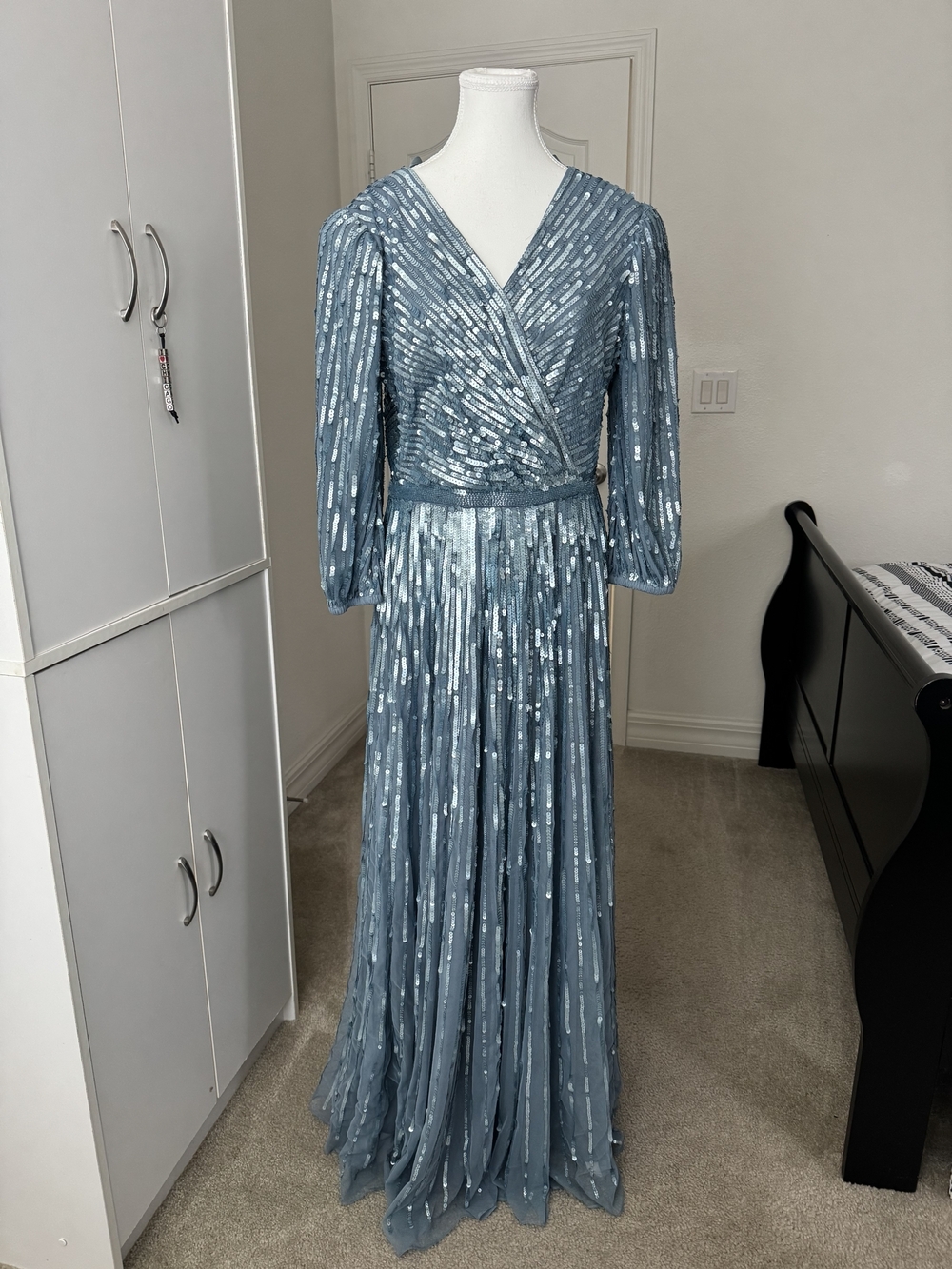 Mac Duggal Dusty Blue Sequin Long-Sleeve Gown